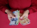 hands of a businesswoman counting mexican banknotes