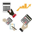 Hands with calculators vector icons