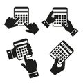 Hands with calculators vector icons