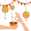 hands with candle and flowers hanging with party banner