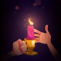 Hands with candle in metal candlestick with handle Royalty Free Stock Photo