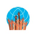 Fire icon. Hands with earth, people of the world holding the globe flat sticker, poster etc Royalty Free Stock Photo