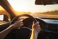 Hands of a Car Driver on the Steering Wheel during a Road Trip. Generative AI Royalty Free Stock Photo