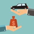 Hands with car and money bag. Exchanging concept. Buying or rent