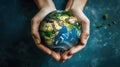 Hands carefully hold a globe, symbolizing unity, diversity, and global cooperation. AI generated Royalty Free Stock Photo