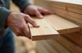 Hands carefully select natural wood plank from stack. Close-up view shows texture of light brown timber material used in Royalty Free Stock Photo