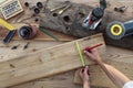 Hands carpenter work the wood, measuring with tape meter and pen Royalty Free Stock Photo