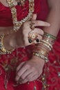 Hands for an caucasian woman dressed in Indian bridal Sari along with specific jewelry