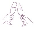 Hands with champagne glasses. Linear mans and womens hand and wine glass. Festive toast, christmas party continuous one