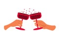 Hands with champagne in glasses. Male and female wrists holding glasses with champagne, wine. Royalty Free Stock Photo