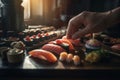 Hands chef sushi japanese. Generate Ai Royalty Free Stock Photo