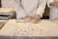 Hands of chefs making dough for grilled rice dumplings in Chinatown in Kobe in Japan Royalty Free Stock Photo