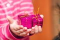 Hands of a child holding a small gift, decoration on a Christmas tree Royalty Free Stock Photo