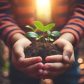 Hands child holding young plants on the back soil in the nature park of growth of plant Royalty Free Stock Photo