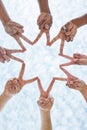 Hands in circle star, blue sky and community in collaboration for global support, trust and diversity. Teamwork, hand Royalty Free Stock Photo