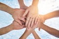 Hands in circle together, blue sky and community in collaboration for world support, trust and diversity. Teamwork, hand Royalty Free Stock Photo
