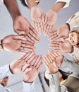 Hands, circle and together in low angle for business people with teamwork, motivation and solidarity in office. Women