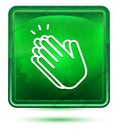 Hands clap icon neon light green square button Royalty Free Stock Photo