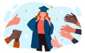 Hands clapping for female graduate in gown and cap, people congratulate happy girl