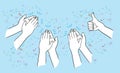 Hands clapping ovation and thump up on blue background. applaud hands. illustration outline hand drawn cartoon des