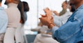 Hands clapping, success or people in audience for meeting conference, business workshop or seminar, Applause closeup Royalty Free Stock Photo