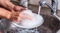 Hands Cleaning a Plate in a Sink Surrounded by Soap Foam and Reflections During a Typical Kitchen Dishwashing Routine Royalty Free Stock Photo