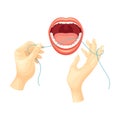 Hands cleaning teeth with dental floss. Open mouth with white teeth. Oral hygiene, dentistry concept vector illustration Royalty Free Stock Photo