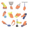 Hands with cleaning tools and means cleaning and household housekeeping Royalty Free Stock Photo