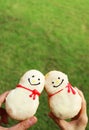 Hands Clinking Snowman Shaped Doughnuts on Blurry Lawn