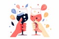 hands clinking wine glasses. Celebration toast. Generative ai