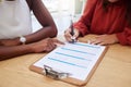 Hands, clipboard or survey and a business woman writing on a questionnaire with her financial advisor in an office