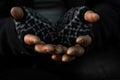 Hands close up poor old man or beggar begging you for help sitting at dirty slum. Concept for poverty or hunger people,human Royalty Free Stock Photo