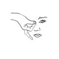 Hands closes the eye and face of young woman, gestures line art, linear hipster girls face