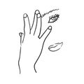 Hands closes the eyes and face of young trendy woman, gestures line art, linear hipster girls face