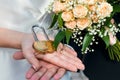 Hands closeup of a loving couple, romance, love, jeans. Concept idyll Royalty Free Stock Photo