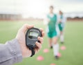 Hands, coach or team with stop watch on field to monitor time, fitness training or exercise progress. Hockey