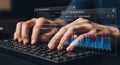 Hands coding with digital display overlay of data analysis and prompt history Royalty Free Stock Photo