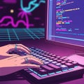 Hands coding on neon-lit mechanical keyboard at night with futuristic aesthetic Royalty Free Stock Photo