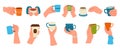 Hands with coffee. Hot drinks in glass and paper cups, woman hands with tea, and late. Vector isolated set