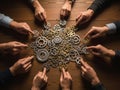 Hands collaborate arranging gears on a wooden table, teamwork strategy Royalty Free Stock Photo