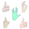 7 Color Hands collection. Patterns hands. Like Fuck, O.K. rock Love Vow Sewar on white background
