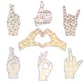 7 Hands collection. Set hand drawn illustration hands . On white background