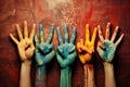 Hands with colorful paint on grunge background. Holi festival, Variation hands with a peace sign, AI Generated
