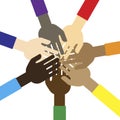Hands of the community of volunteers. Teamwork for charity. Illustration of ethnic equality. Team for empowerment