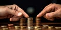 Hands compare two piles of coins of different sizes, indicating the return on investment, concept of ROI comparison