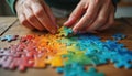 Hands complete colorful jigsaw puzzle on rustic wood, solving problem. Final piece placement, teamwork, collaboration. Visual Royalty Free Stock Photo