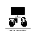 Hands with computer pixel perfect black glyph icon Royalty Free Stock Photo