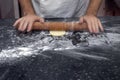 Hands of confectioner preparing dough for sweet pie Royalty Free Stock Photo