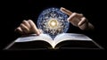 Hands Conjuring Glowing Orb Above Open Book Against Black Background Royalty Free Stock Photo