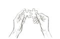 Hands connect Jigsaw puzzle piece. The concept of establishing contacts, teamwork, partnerships, understanding